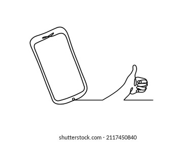 Resumen de teléfonos móviles con la mano como dibujo de línea sobre fondo blanco. Vector