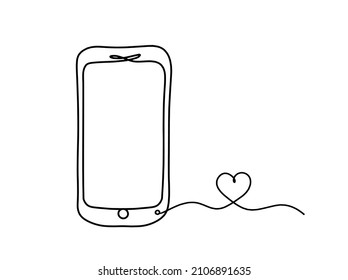 Resumen de un teléfono móvil con el corazón como dibujo de línea sobre fondo blanco. Vector