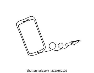 Abstract mobile handset with paper plane as line drawing on white background. Vector