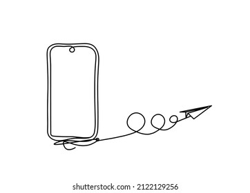 Abstract mobile handset with paper plane as line drawing on white background. Vector