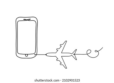 Abstraktes Handy mit Flugzeug als Linienzeichnung auf weißem Hintergrund. Vektorgrafik