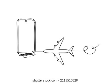 Abstract mobile handset with plane as line drawing on white background. Vector