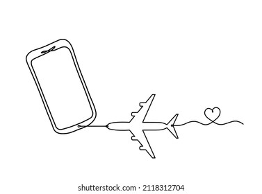 Abstraktes Handy mit Flugzeug als Linienzeichnung auf weißem Hintergrund. Vektorgrafik