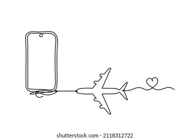 Abstraktes Handy mit Flugzeug als Linienzeichnung auf weißem Hintergrund. Vektorgrafik