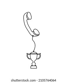 Abstract mobile handset with trophy as line drawing on white background. Vector