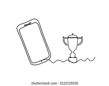 Resumen de teléfonos móviles con trofeo como dibujo de línea sobre fondo blanco. Vector