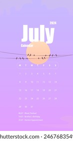 Abstract Mobile Instagram Stories July 2024 Monthly Calendar Pink Background Sky With Clouds And Birds Vector Design