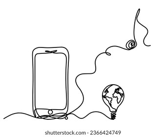 Resumen de la bombilla móvil y la bombilla como dibujo de líneas sobre fondo blanco. Vector