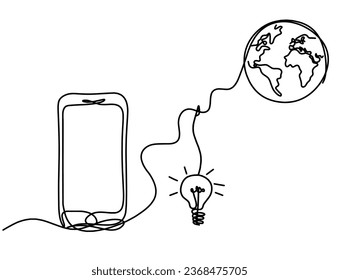 Abstract mobile and light bulb as line drawing on white background. Vector