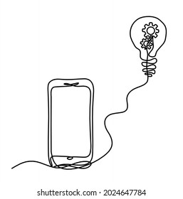 Abstract mobile and lightbulb with gears wheels as line drawing on white background. Vector