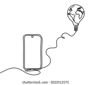 Resumen móvil y bombilla de luz con globo como dibujo en línea sobre fondo blanco. Vector