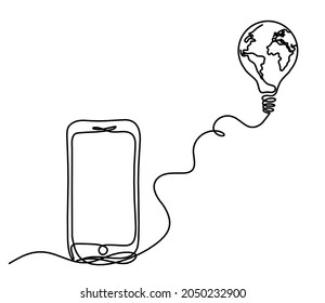 Abstract mobile and lightbulb with globe as line drawing on white background. Vector