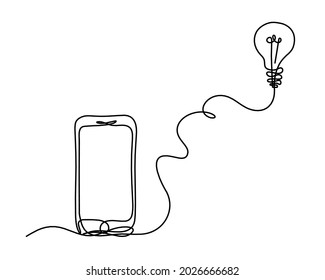 Resumen móvil y bombilla como dibujo de líneas sobre fondo blanco. Vector