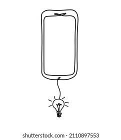 Abstraktes Handy mit Glühbirne als Linienzeichnung auf weißem Hintergrund. Vektorgrafik