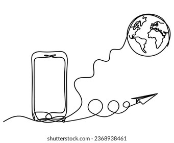 Abstrakte Handy- und Papiermaschine als Linienzeichnung auf weißem Hintergrund. Vektorgrafik