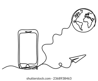 Abstract mobile and paper plane as line drawing on white background. Vector