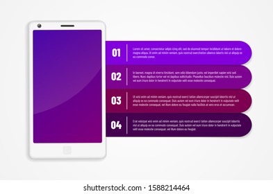 Abstract mobile phone with blank display and four infographics options with sample text - vector illustration