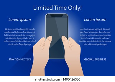 Abstract mobile phone frame blank screen in the two hands. Cell phone view. Template for infographics or presentation design interface. Vector illustration.