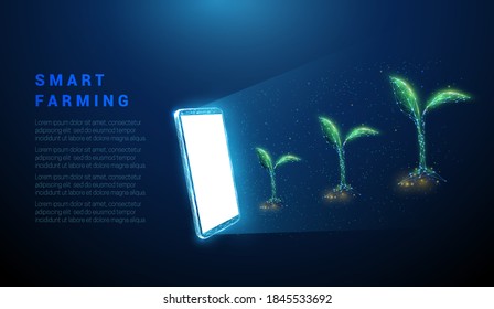 Abstract mobile phone with green plants. Smart farming concept. Low poly style design. Blue geometric background. Wireframe light connection structure. Modern 3d graphic. Isolated vector illustration.