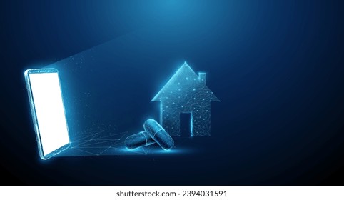 Abstract mobile phone with medicine capsules and house. Medicine delivery, tracking  concept. Low poly style. Geometric background. Wireframe light connection structure. Modern 3d graphic. Vector