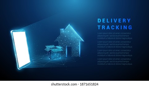 Abstract mobile phone with open box and house. Delivery tracking concept. Low poly style design Geometric background Wireframe light connection structure Modern 3d graphic Isolated vector illustration