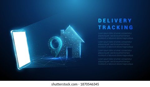 Abstract mobile phone with pin icon and house. Delivery tracking concept. Low poly style. Geometric background. Wireframe light connection structure. Modern 3d graphic. Isolated vector illustration