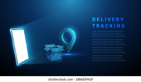 Abstract mobile phone with pin icon and box.  Delivery tracking concept. Low poly style. Geometric background. Wireframe light connection structure. Modern 3d graphic. Isolated vector illustration