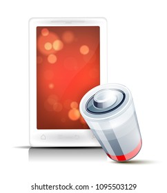 Abstract mobile phone with red bokeh screensaver and discharged battery symbol - vector illustration