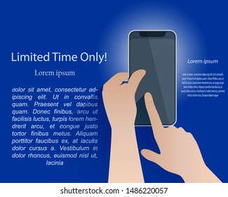 Abstract mobile phone in the two hands. Index finger on the phone screen. Advertising background. Vector illustration.