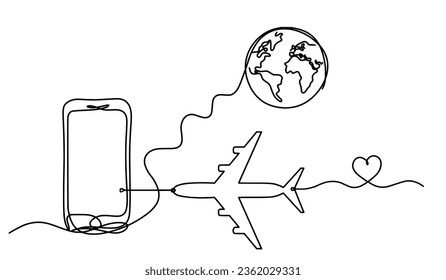 Abstract mobile and plane as line drawing on white background. Vector