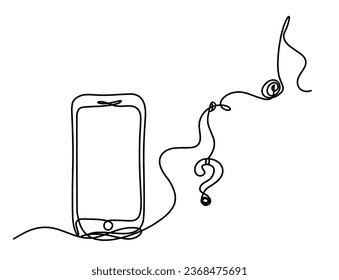 Abstraktes Handy und Fragezeichen als Linienzeichnung auf weißem Hintergrund. Vektorgrafik