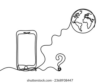 Abstraktes Handy und Fragezeichen als Linienzeichnung auf weißem Hintergrund. Vektorgrafik