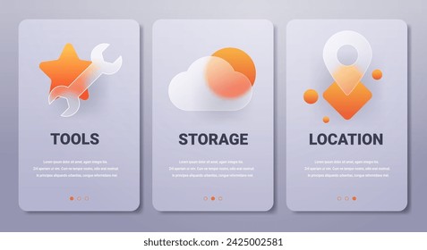 Abstract Mobile tools and storage app pages in glassmorphism style. Vertical banners set.