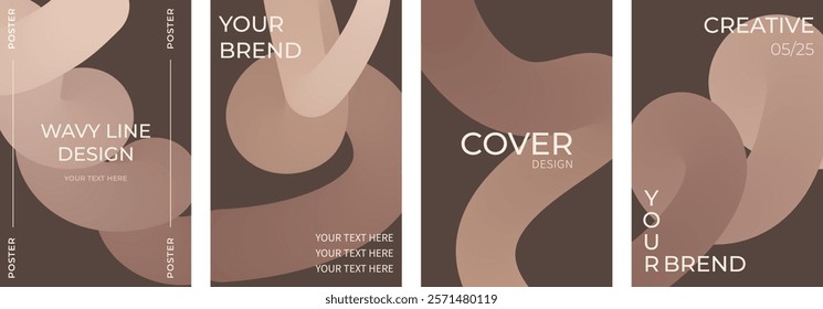 Abstract mocha mousse color twisted fluid shape design posters. Geometric wavy lines brown gradient elements. Vector set