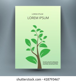 Abstract mock up composition with small spring growing sprout tree on green backdrop. Ecology care research. A4 brochure title sheet. First start page of book.