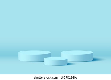 Abstract mock up scene in pastel color. Blue geometric shape podium with copy space for product. 3d Realistic minimal three stand vector illustration. stage background