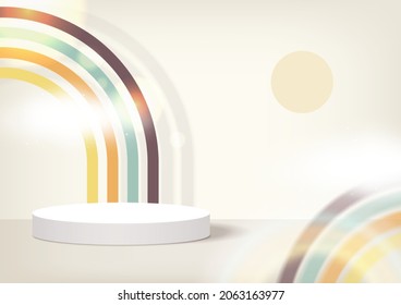 Abstract mockup background. 3d stage podium decorated with arch rainbow shape, sun, cloud, sunlight. Pedestal scene or platform for product stand, advertising, show. Retro style. Vector illustration.