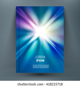 Abstract mock-up composition with spark on glory deep blue space backdrop. Light rays of distant galaxies in universe. Speed of light. Astral journey. Supernova star. A4 brochure title sheet.