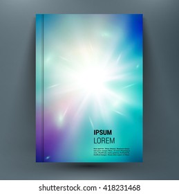 Abstract mock-up composition with spark on glory deep blue space backdrop. Light rays of distant galaxies in universe. Speed of light. Astral journey. Supernova star. A4 brochure title sheet.