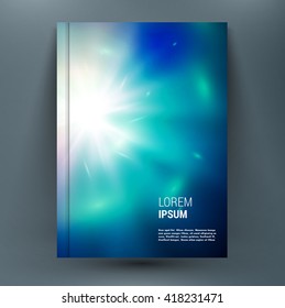 Abstract mock-up composition with spark on glory deep blue space backdrop. Light rays of distant galaxies in universe. Speed of light. Astral journey. Supernova star. A4 brochure title sheet.