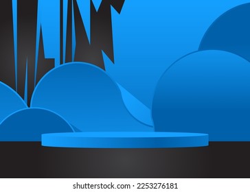 Abstract Mockup product display. Black and Blue vector 3D room, cylinder pedestal podium. Stage showcase for presentation. Futuristic Sci-fi minimal geometric forms, empty scene.
