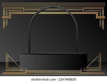 Abstract Mockup product display. Realistic vector 3D room, cylinder pedestal podium. Stage showcase for product display presentation. Futuristic Sci-fi minimal geometric forms, empty scene.