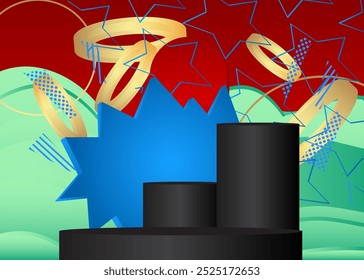 Abstract Mockup product display. Realistic vector 3D room, cylinder pedestal podium. Stage showcase for presentation. Futuristic Sci-fi minimal geometric forms, empty scene.