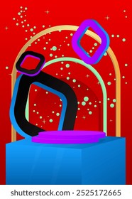 Exibição do produto Mockup abstrato. Vetor realista sala 3D, pódio de pedestal cilindro. Exibição de palco para apresentação. Formas geométricas mínimas de ficção científica futurista, cena vazia.