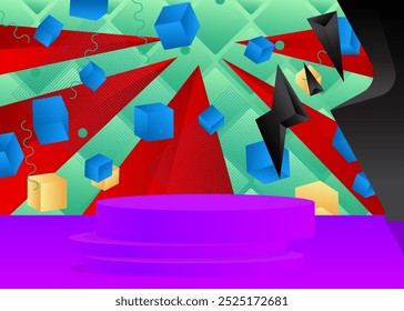 Exibição do produto Mockup abstrato. Vetor realista sala 3D, pódio de pedestal cilindro. Exibição de palco para apresentação. Formas geométricas mínimas de ficção científica futurista, cena vazia.