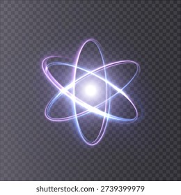 An abstract model of a glowing atom with neon-coloured orbitals and a bright nucleus on a transparent background.