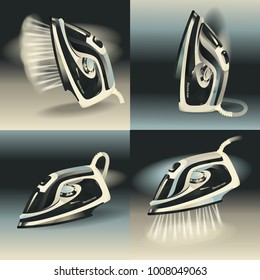 Abstract model of a modern electric iron with steam function. Set. Different positions of iron. Duoton