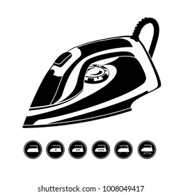 Abstract model of a modern electric iron with steam function. Simplified schematic image. Black and white silhouette. Horizontal position of iron. 