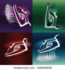 Abstract model of a modern electric iron with steam function. Set. Different colors and positions of iron.