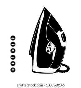 Abstract model of a modern electric iron with steam function. Simplified schematic image. Black and white silhouette. Vertical position of the iron. 